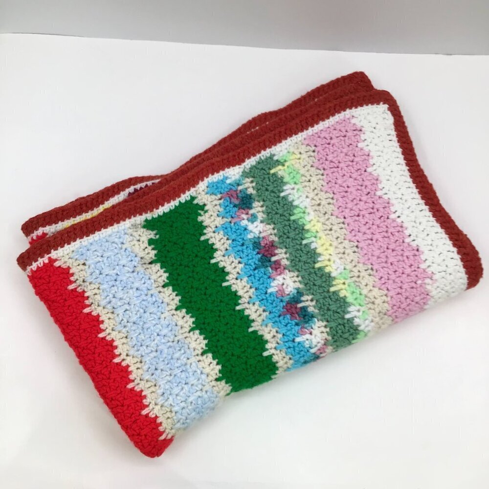 Vintage 1970s Retro Granny Baby Blanket Handmade MCM Colorful Striped Dopamine - Picture 12 of 13